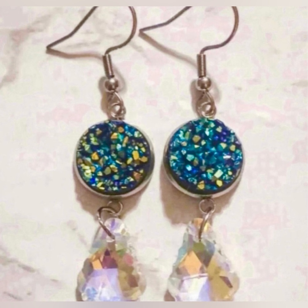 Blue & Green Druzy Crystal Dangle Earrings